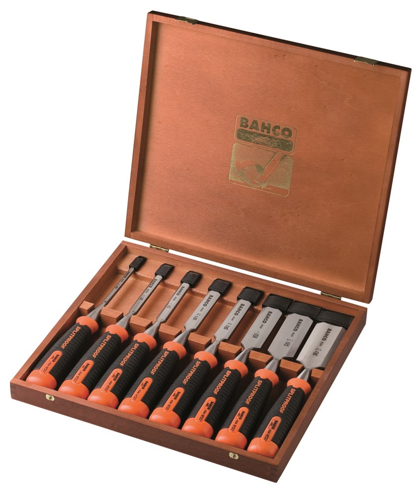 SET VAN 8 ERGO STEEKBEITELS 6-38MM IN HOUTEN KIST